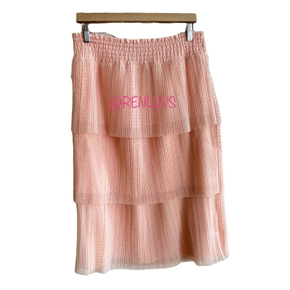 DR2 Tiered Pleated Tulle Polka Dot Pullon Midi Skirt Pale Pink Orange Sz Lge NWT